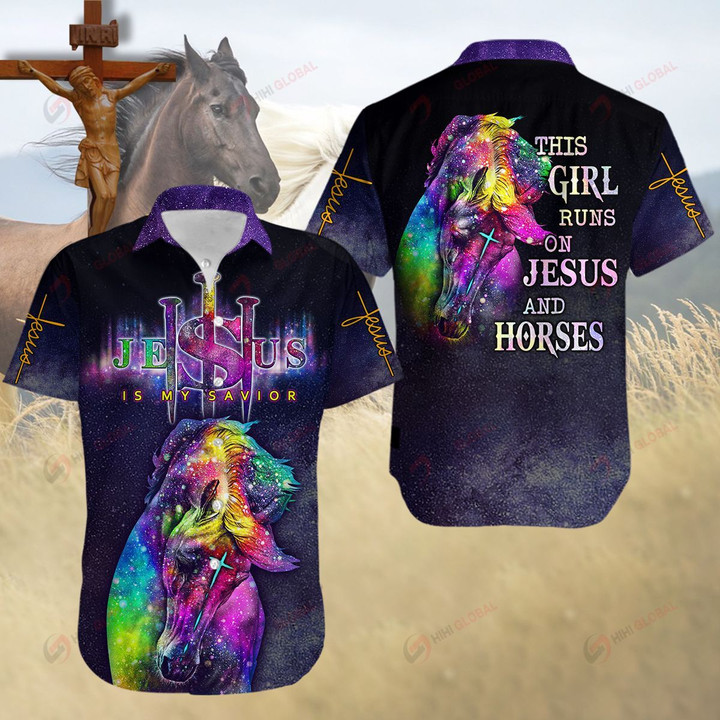 Jesus is my Savior This girl Runs on Jesus and Horses ALL OVER PRINTED SHIRTS