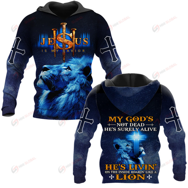 GOD MY GOD'S NOT DEAD HE'S LIVIN ON THE INSIDE ROARING BLUE LION ALL OVER PRINTED SHIRTS