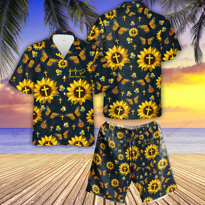 Faith Hope Love Sunflower Cross Set Hawaiian Shirts + Shorts ALL OVER PRINTED