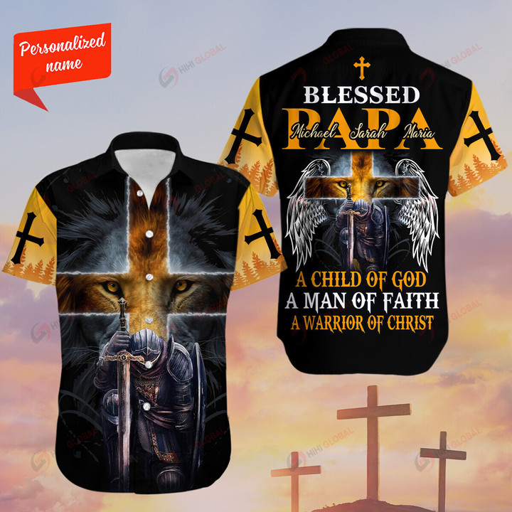 Custom Grandpa With Kids Names Blessed Papa A Child Of God A Man Of Faith A Warrior Of Christ Father's Day Personalized Hoodie Hawaiian Polo T Shirt