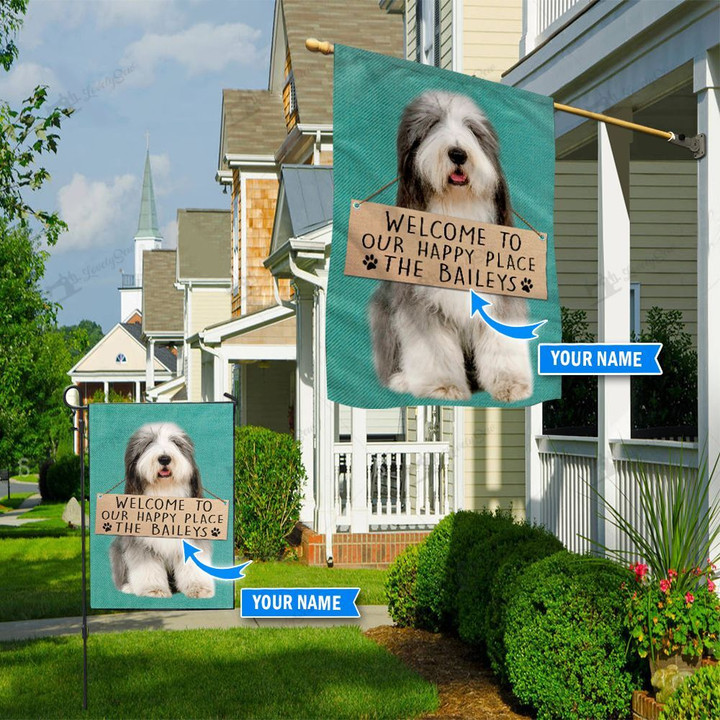 THF20072408 Old English Sheepdog-Welcome to our happy place Personalized Flag