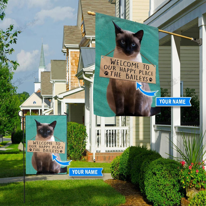 THF20072410 Siamese Cat-Welcome to our happy place Personalized Flag
