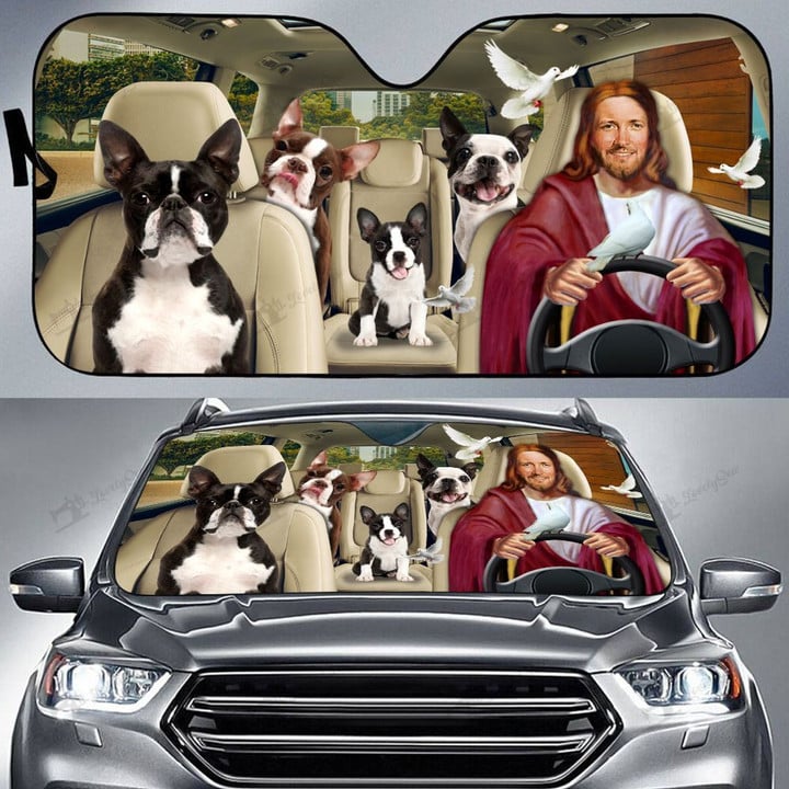 Boston Terrier and Jesus Car Sun Shade DIC21070701