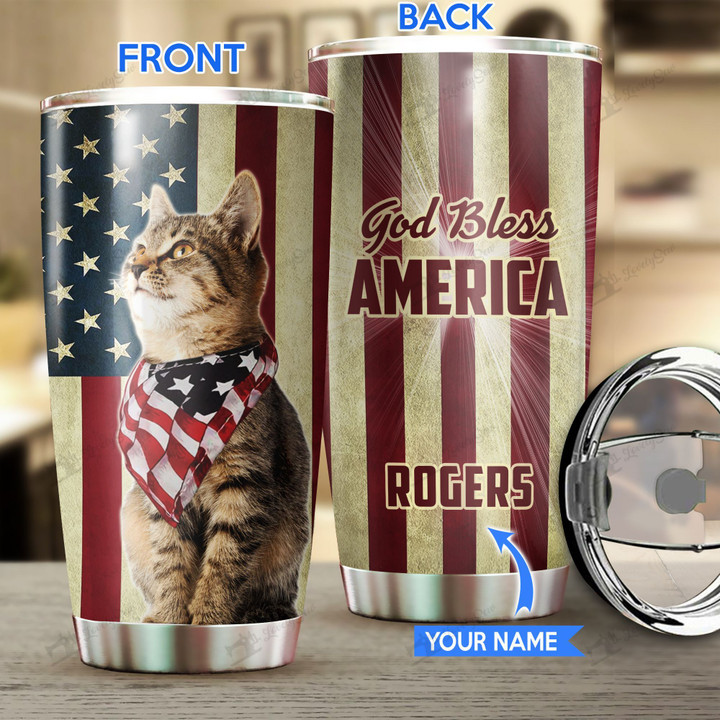 THU0173 Cat God Bless America Personalized Stainless Steel Tumbler