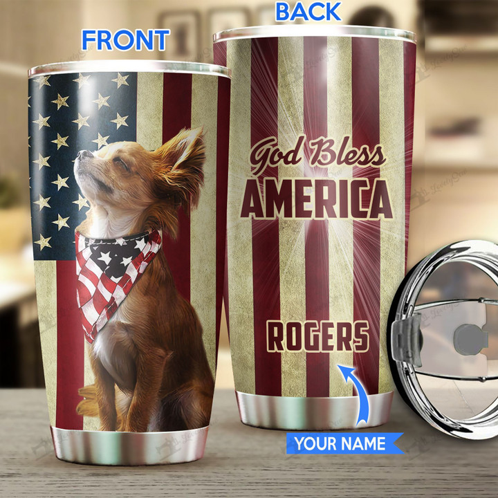 THU0174 Chihuahua God Bless America Personalized Stainless Steel Tumbler
