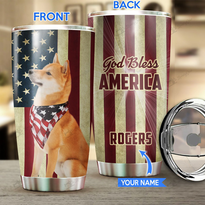 THU0178 Shiba Inu God Bless America Personalized Stainless Steel Tumbler