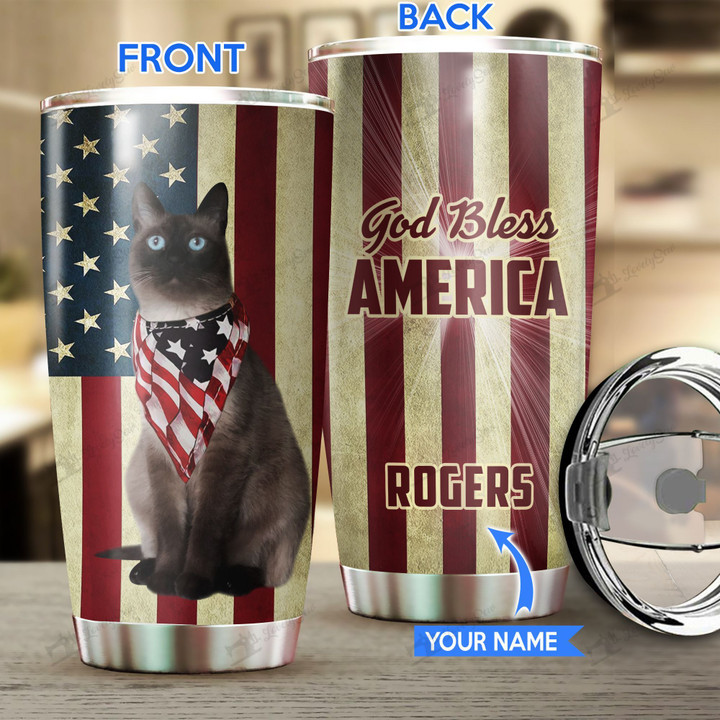 THU0179 Siamese Cat God Bless America Personalized Stainless Steel Tumbler