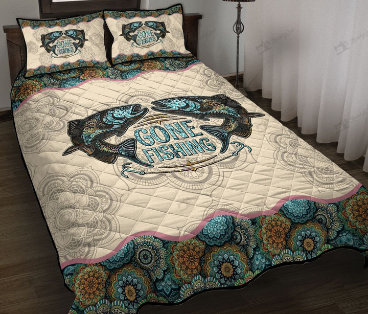 THE5143 Gone Fishing Trout Fish Quilt Bed Set