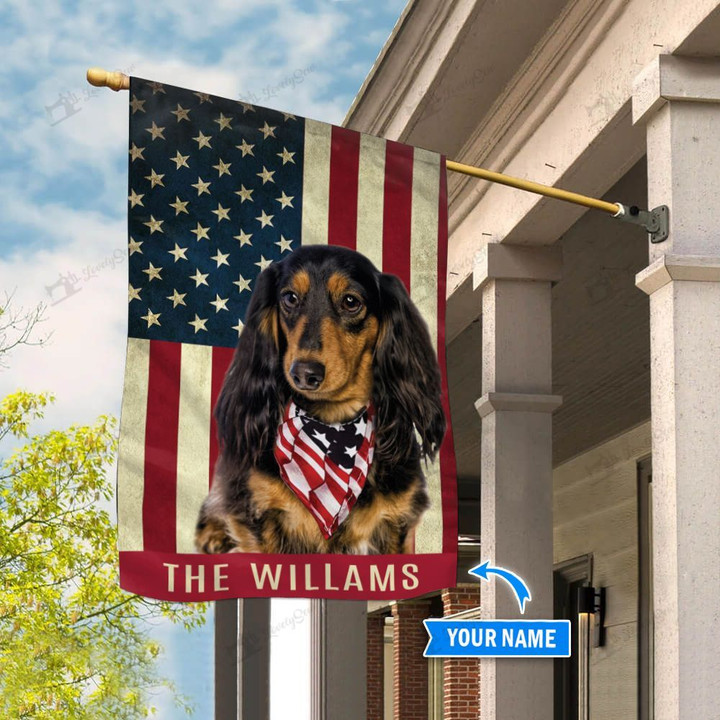 BIF1325 Black and Tan long haired Doxie Personalized Flag