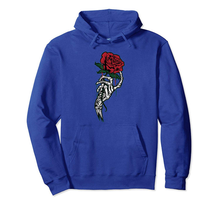 Rose Flower Tattoo - White Skeleton Hand Holding a Red Rose Pullover Hoodie