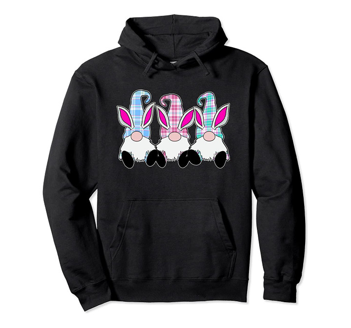 3 Easter Gnomes Pastel Spring Bunny Ears Rabbit Gingham Pullover Hoodie
