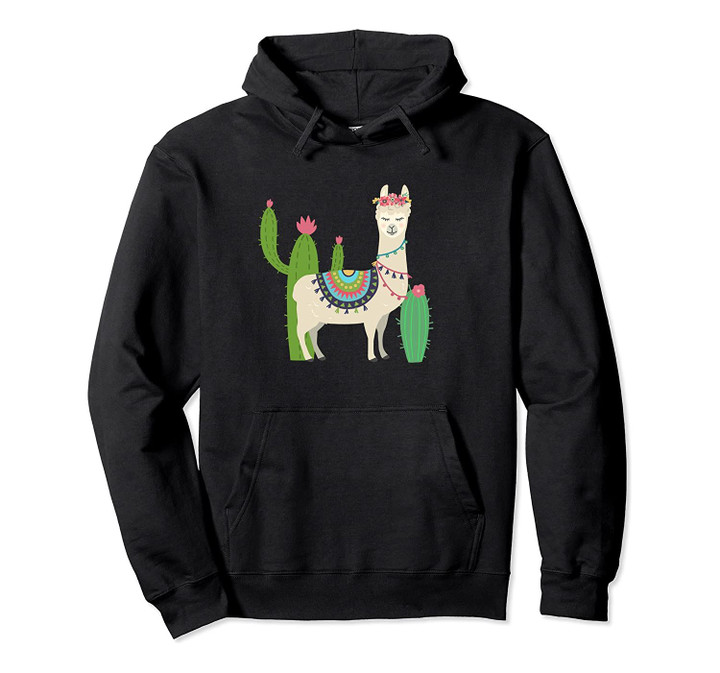 Cute Llama With Flower & Cactus / Llama Lover Gift Pullover Hoodie