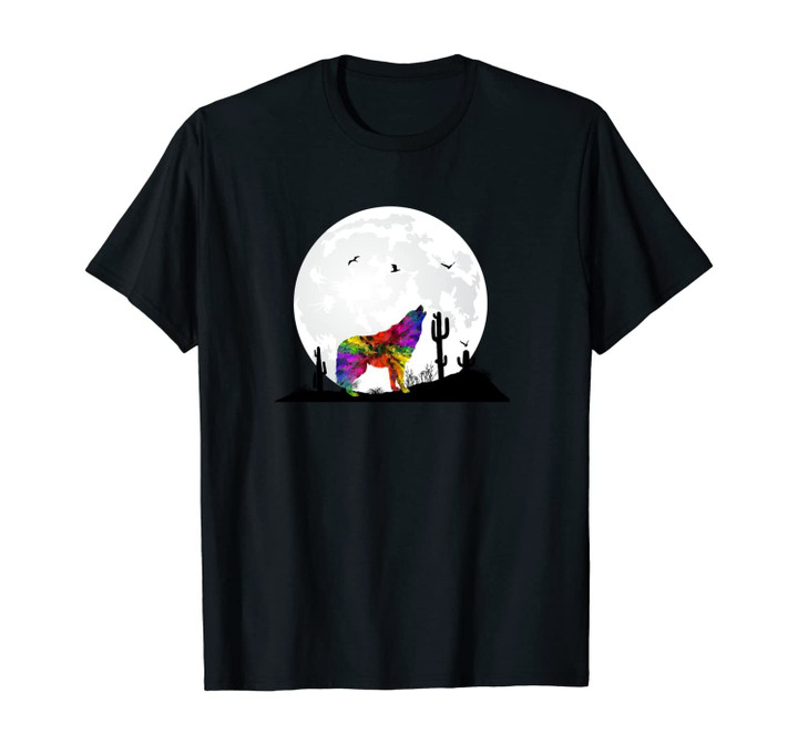 Full Moon Night Spooky Desert Wild Cactus Rainbow Wolf Howl Unisex T-Shirt