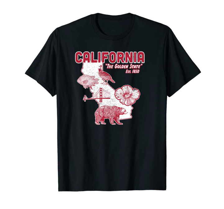California State Vintage Design Grizzly Bear Quail Poppy Unisex T-Shirt