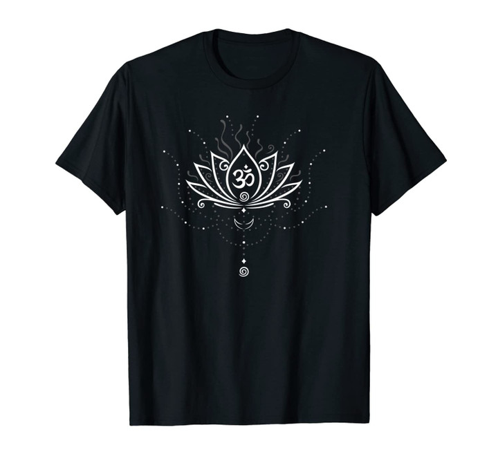 Yoga Harmony Unisex T-Shirt. Lotus Flower with Moon and Om Symbol.