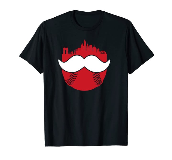 Cincinnati Moustache Baseball Skyline Vintage Retro Red Gift Unisex T-Shirt