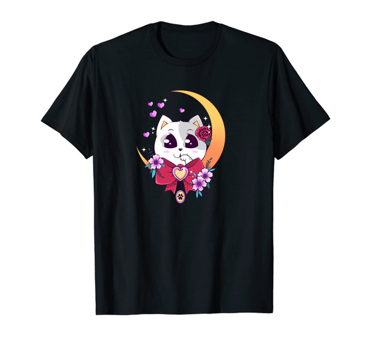Kawaii Cat Moon Sakura Flowers Anime Neko Japanese Kitten Unisex T-Shirt