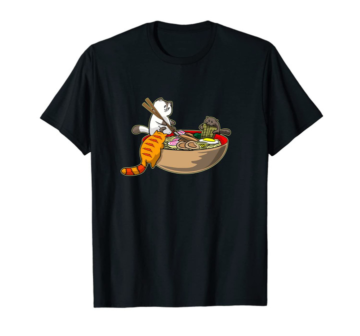 Funny Kawaii Japanese Anime Cats Gift Eating Ramen Noodle Unisex T-Shirt