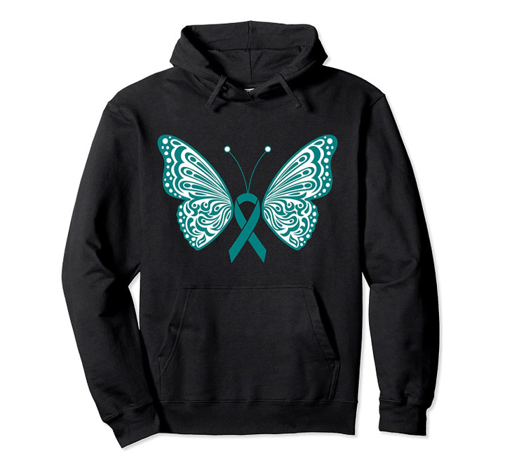 Ovarian Cancer Awareness Teal Ribbon Butterfly Wings Tattoo Pullover Hoodie, T-Shirt, Sweatshirt