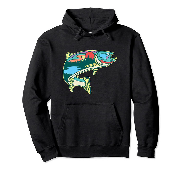 Nature Trout Illustration Vintage Fly Fishing Retro Graphic Pullover Hoodie, T-Shirt, Sweatshirt