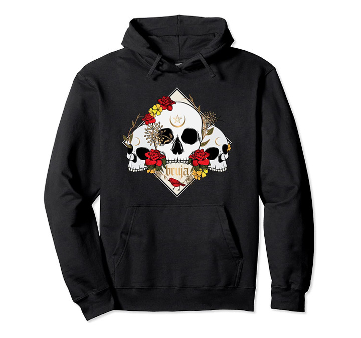 Pagan Wiccan Dia Muertos Bruja Skull Triple Moon Pentacle Pullover Hoodie, T-Shirt, Sweatshirt