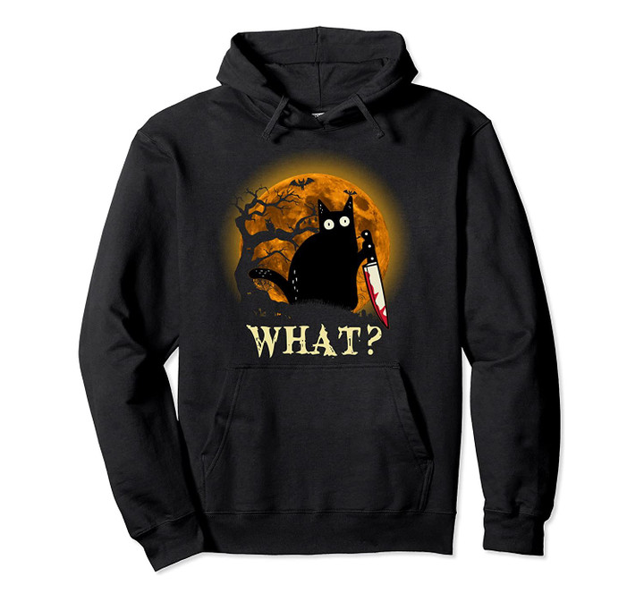 Cat What? Funny Murderous Cat With Knife Halloween Costume Pullover Hoodie, T-Shirt, Sweatshirt
