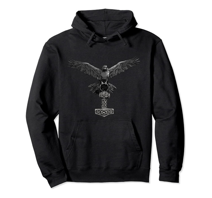 Viking Odin's Raven with Thor's Hammer Hoodie for Mens, T-Shirt, Sweatshirt