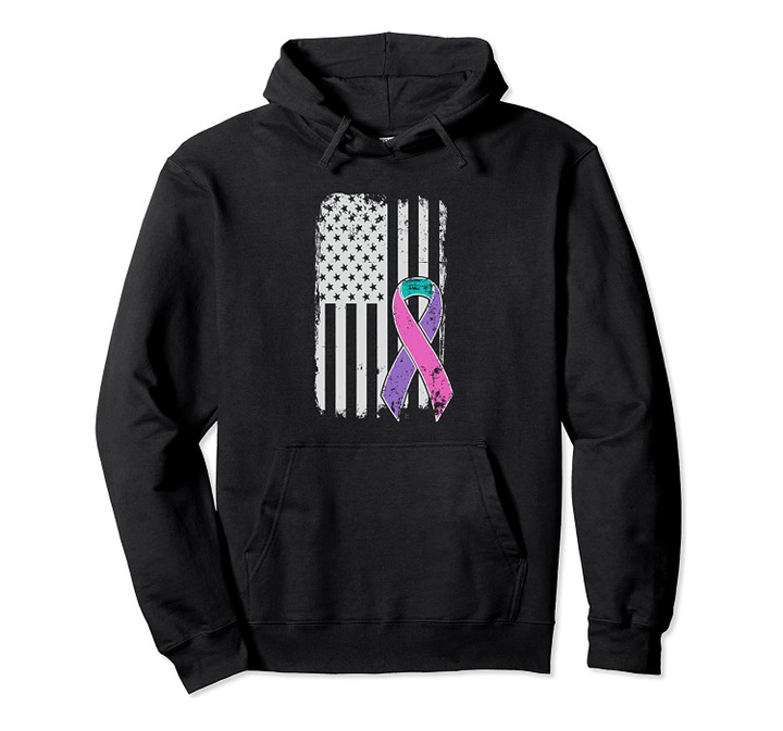 Thyroid Cancer Awareness - Distressed US American Flag Pullover Hoodie, T-Shirt, Sweatshirt