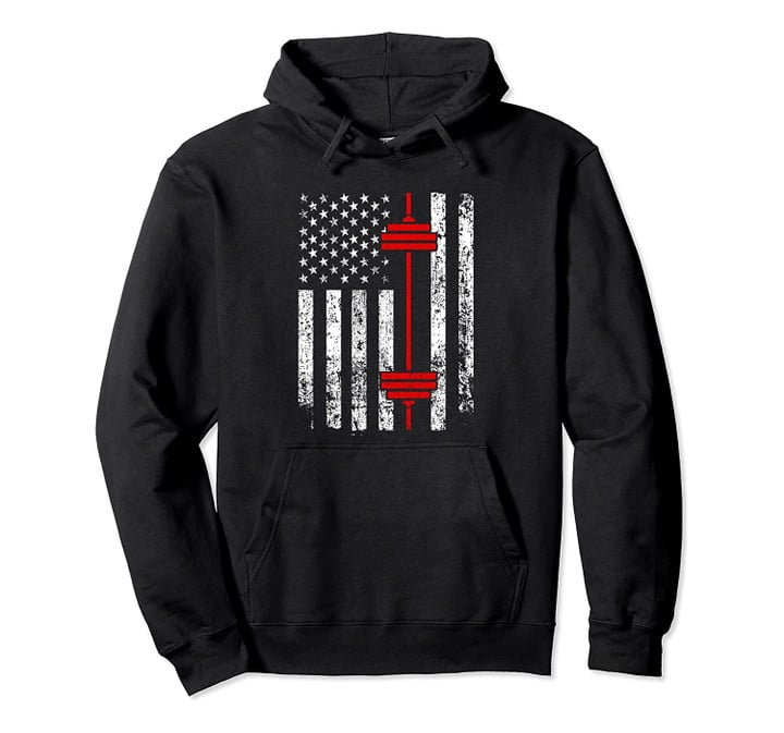 Barbell with American Flag Weight Lifting Hoodie, T-Shirt, Sweatshirt