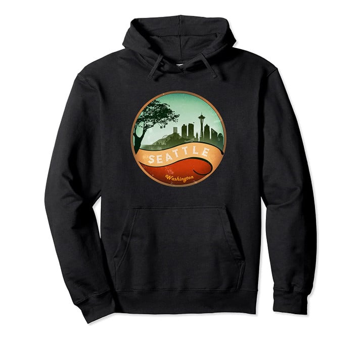 Seattle WA City Skyline Retro Distressed Vintage Style Pullover Hoodie, T-Shirt, Sweatshirt