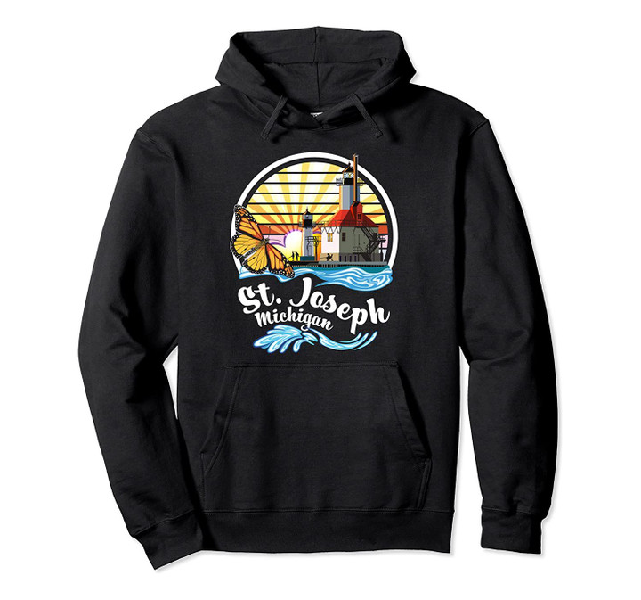 St. Joseph MI Lighthouses & Butterfly at Silver Beach Design Pullover Hoodie, T-Shirt, Sweatshirt
