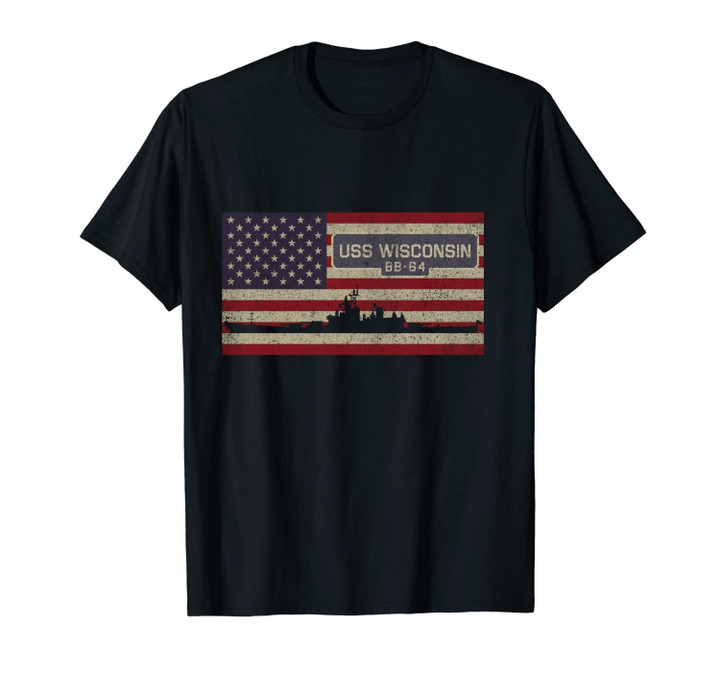 USS Wisconsin BB-64 Battleship Gift USA American Flag Unisex T-Shirt