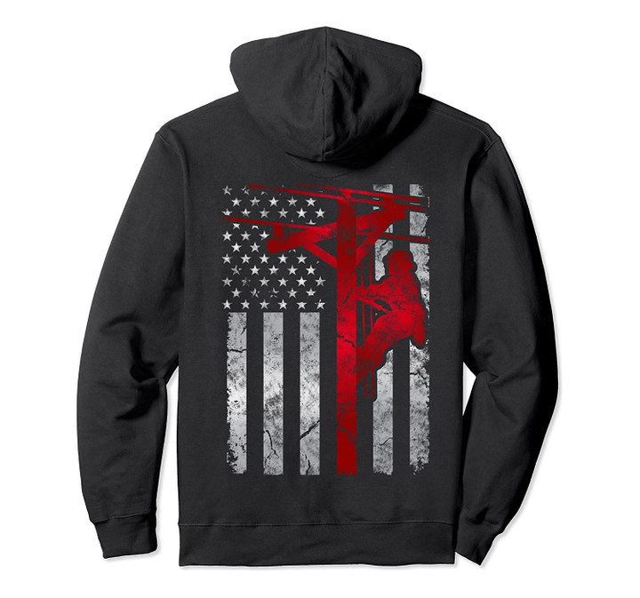 Distressed USA Patriotic Thin Red Line Lineman American Flag Pullover Hoodie, T-Shirt, Sweatshirt