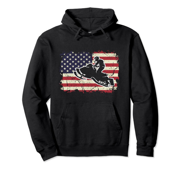 Vintage Patriotic USA Flag Snowmobile Snowmobiler Pullover Hoodie