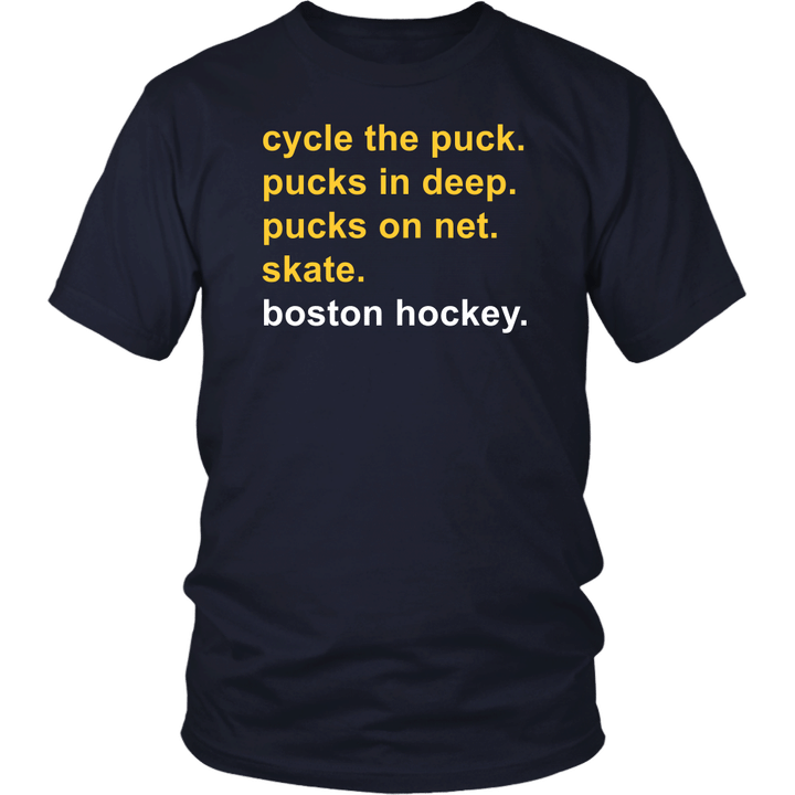 cycle the puck - pucks in deep - pucks on net - skate - boston hockey shirt