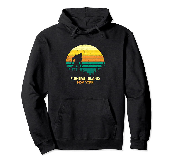 Retro Fishers Island, New York Bigfoot Souvenir Pullover Hoodie, T Shirt, Sweatshirt