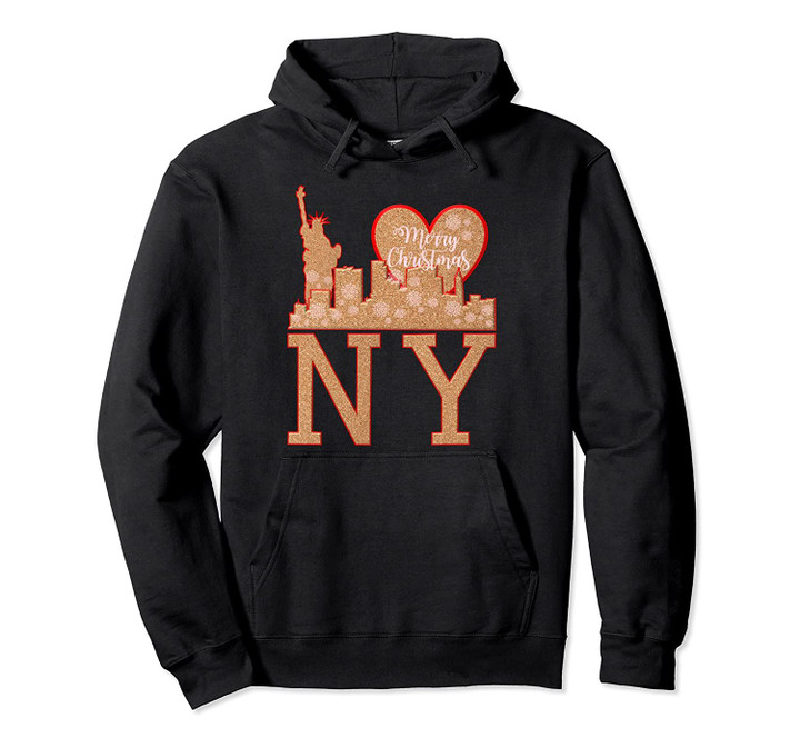 NY New York, Skyline, Liberty, Sparkling Gold Christmas Pullover Hoodie, T Shirt, Sweatshirt