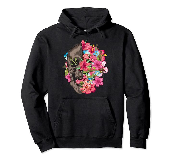 Half Skull With Flowers Cool Halloween Skull Face Gift Pullover Hoodie, T Shirt, Sweatshirt