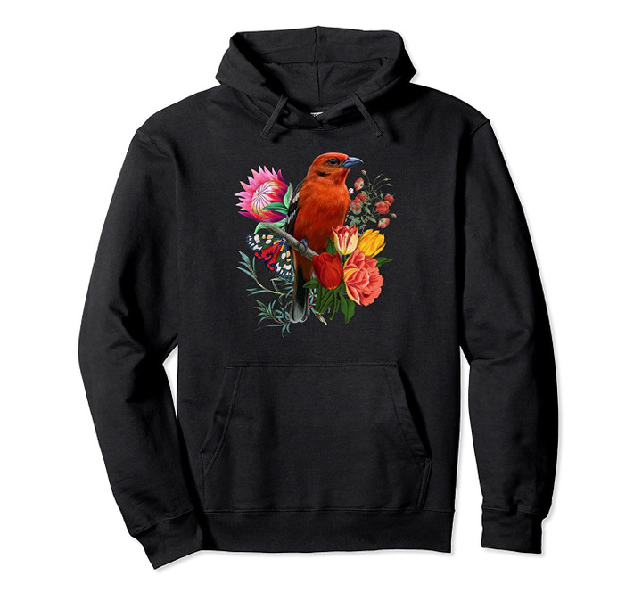 Red Flycatcher Bird With Flowers And Butterfly Cute Gift Pullover Hoodie, T Shirt, Sweatshirt