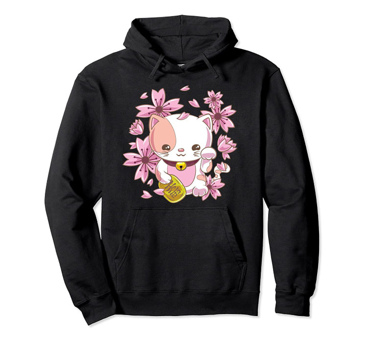 Japanese Lucky Maneki Neko Cat Sakura Cherry Flowers Pullover Hoodie, T Shirt, Sweatshirt