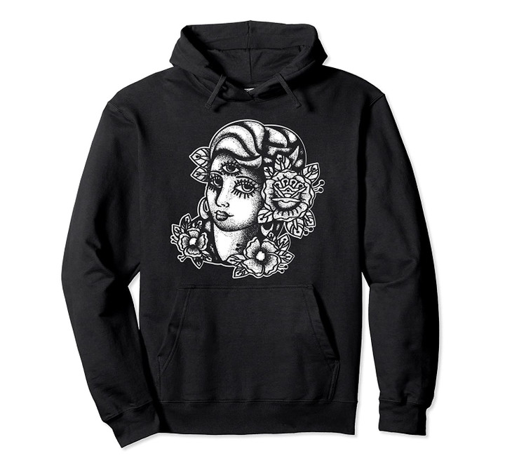 Third Eye Woman with Flowers Aesthetic Tattoo Art Grunge Pullover Hoodie, T Shirt, Sweatshirt
