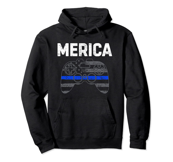 Merica Thin Blue Line Family Video Game Funny Gamer Police Pullover Hoodie, T Shirt, Sweatshirt