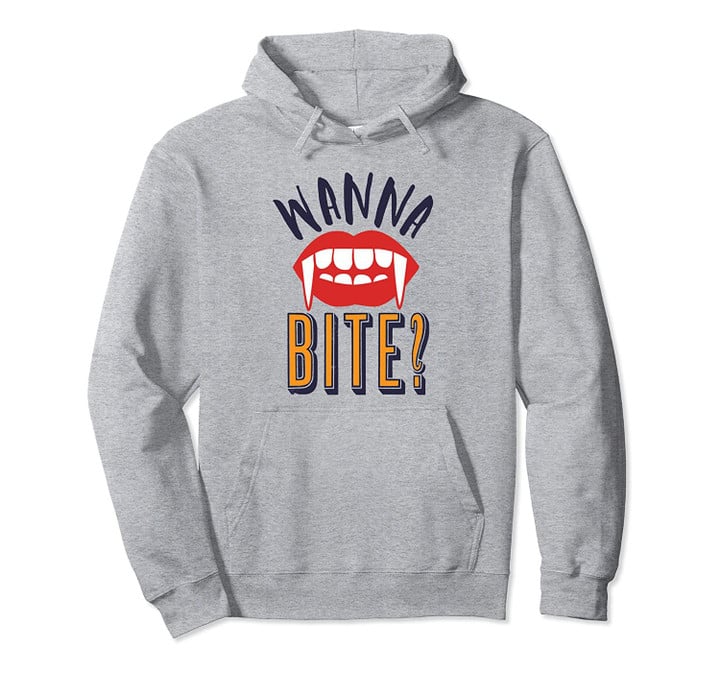 Wanna Bite Funny Vampire Fang Vintage Retro Halloween Pun Pullover Hoodie, T Shirt, Sweatshirt