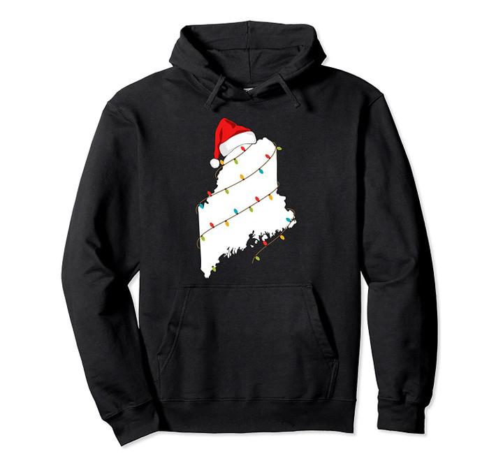 Maine Map Christmas Hoodie With Santa Hat Xmas Lights, T Shirt, Sweatshirt