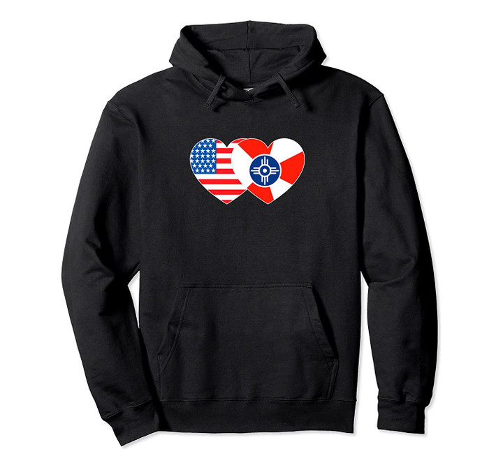 Wichita & USA Flag Twin Heart for Kansas Americans Patriotic Pullover Hoodie, T Shirt, Sweatshirt