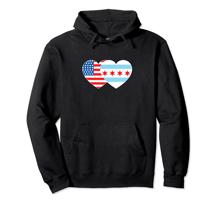 Chicago&USA Flag Twin Heart for Proud IL Americans Patriotic Pullover Hoodie, T Shirt, Sweatshirt