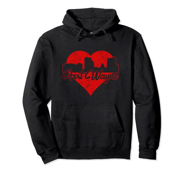 Retro Fort Wayne Indiana Skyline Red Heart Distressed Pullover Hoodie, T Shirt, Sweatshirt
