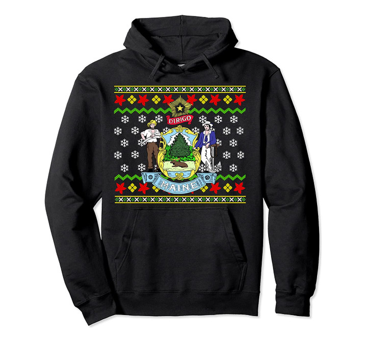 Maine Flag Ugly Christmas Pattern Gift Pullover Hoodie, T Shirt, Sweatshirt