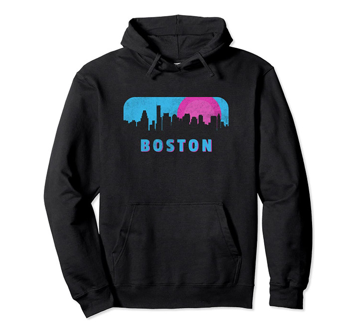 Retro 80s Boston Massachusetts Downtown Skyline Pullover Hoodie, T Shirt, Sweatshirt