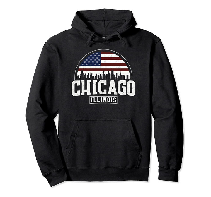Chicago Skyline Hoodie - Chicago Illinois USA Flag Pullover, T Shirt, Sweatshirt